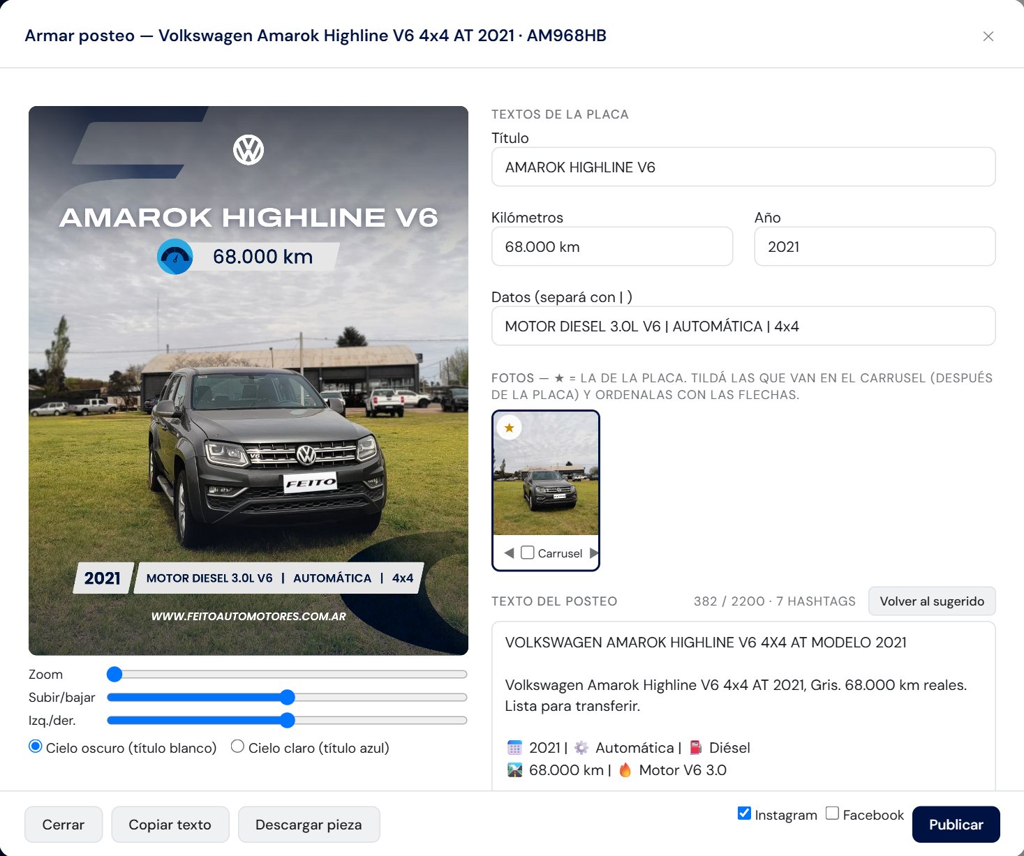 Editor de posteos con la placa de una Amarok armada y el texto sugerido