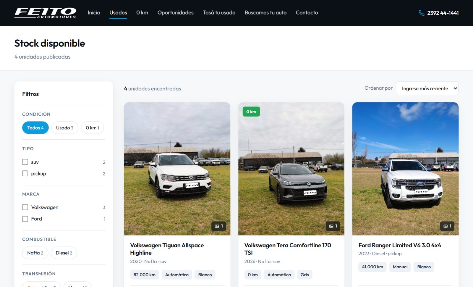 Catálogo de la web de Feito Automotores con filtros y fichas de autos